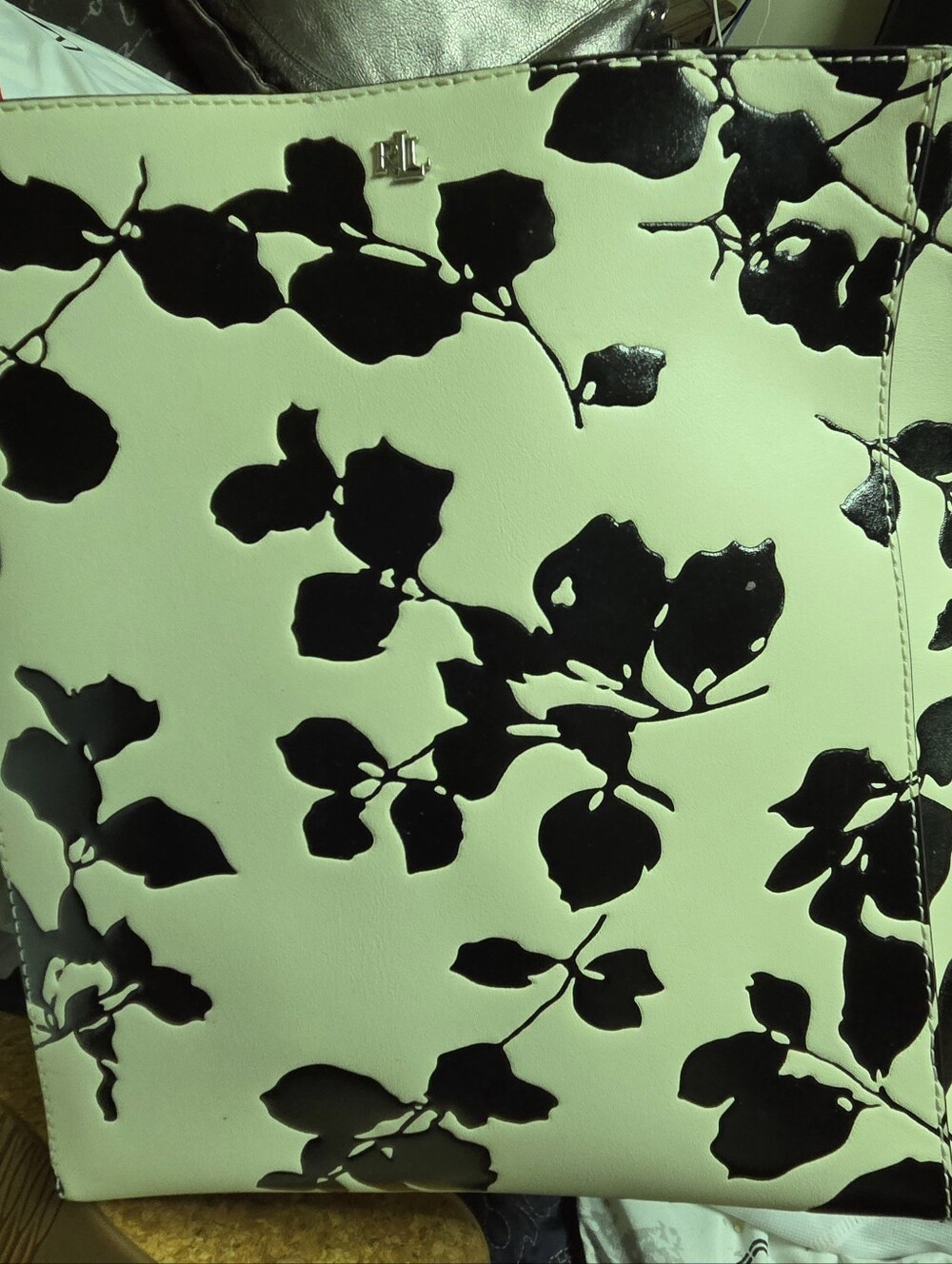 Lauren Ralph Lauren Keaton Nylon Mint Tote with Glossy Black Floral Pattern
